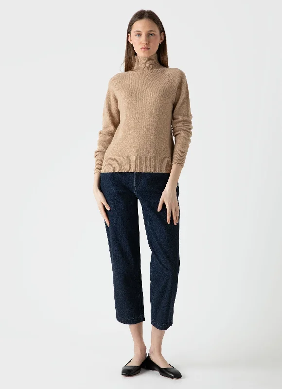 Women's Lambswool Funnel Neck Jumper in Light Camel Iron Safe Non-Iron Wrinkle Free