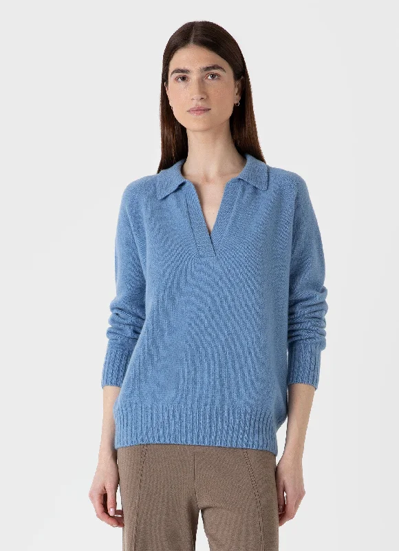 Women's Lambswool Polo Jumper in Cornflower Mesh Fabric Canvas Fabric Denim Fabric
