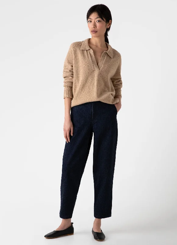 Women's Lambswool Polo Jumper in Light Camel Sweater Knitwear Pullover