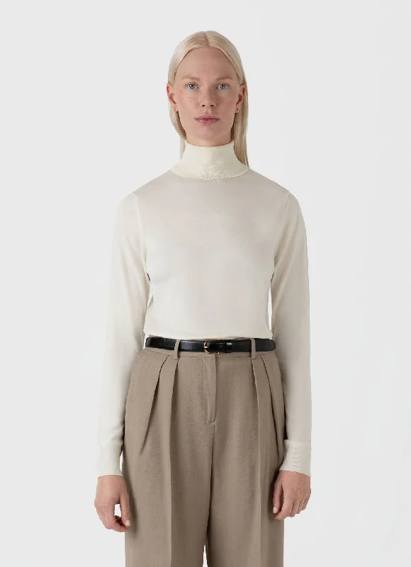 Women's Merino Silk Roll Neck Jumper in Ecru Ribbed Striped Patterned