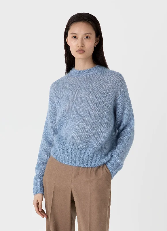 Women's Mohair Silk Jumper in Cornflower Beaded Sweater Sequined Faux Fur
