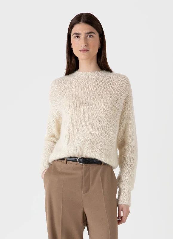 Women's Mohair Silk Jumper in Ecru High Neck Crew Neck V-Neck