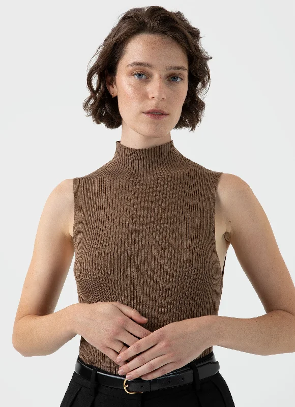 Women's Mulberry Silk Rib Vest Jumper in Dark Sand Sequined Glittery Shiny