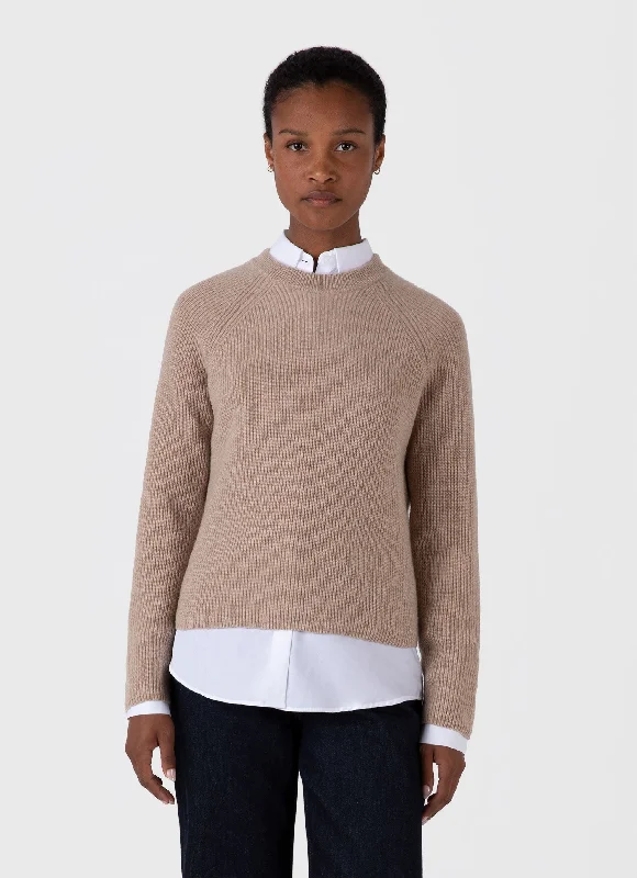 Women's Wool Cashmere Rib Jumper in Oatmeal Melange Striped Floral Plaid