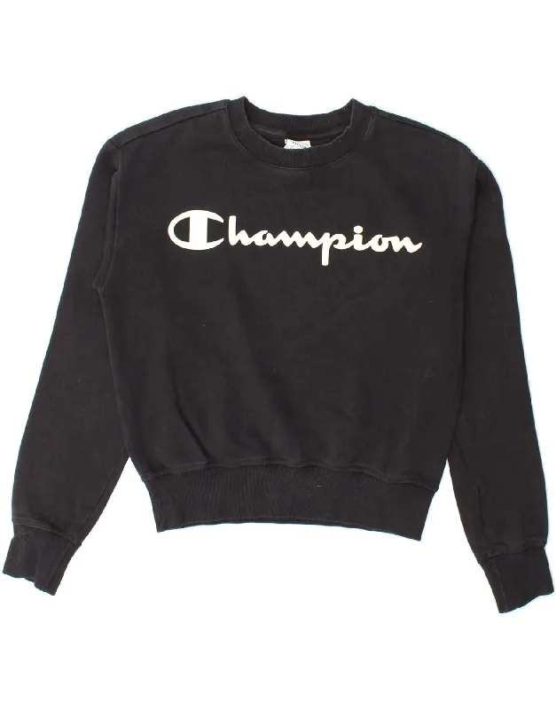 CHAMPION Womens Crop Graphic Sweatshirt Jumper UK 14 Medium Black Hoodie with Camouflage Military Edgy CHAMPION Womens Crop Graphic Sweatshirt Jumper UK 14 Medium Black Hoodie with Camouflage Military Edgy