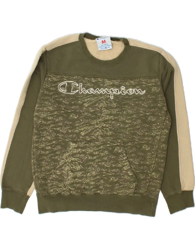 CHAMPION Womens Loose Fit Sweatshirt Jumper UK 14 Medium Green Colourblock Hoodie with Oversized Fit Loose Comfortable