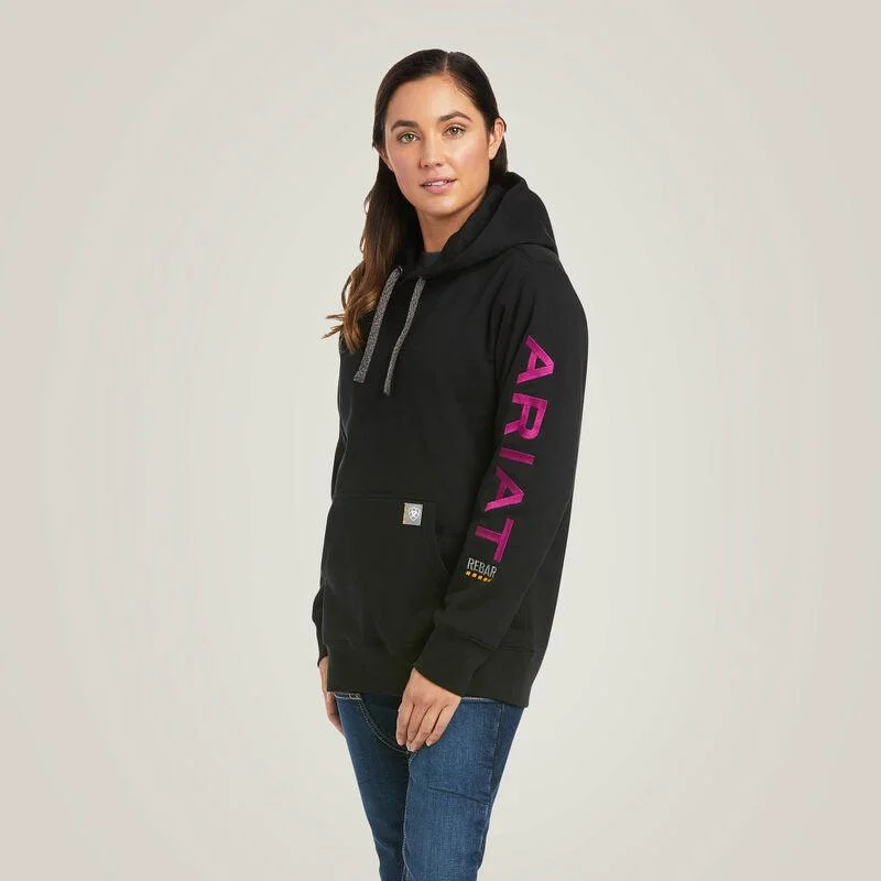 Ariat Women's Rebar Graphic Hoodie in Black & Purple 10037620 Hoodie with Side Slits Relaxed Casual Ariat Women's Rebar Graphic Hoodie in Black & Purple 10037620 Hoodie with Side Slits Relaxed Casual