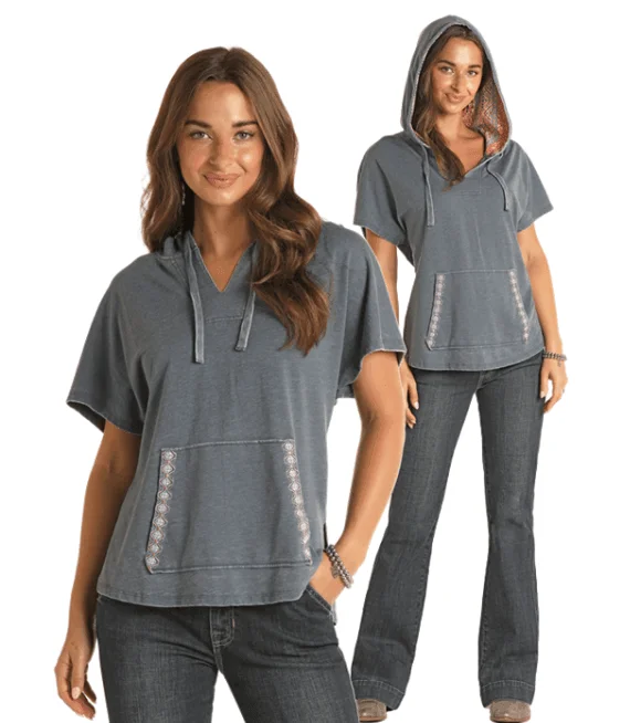 Panhandle Women's Navy Short Sleeve Hoodie WLWT94R1DC Hoodie with Hem Elastic Stretchable Comfortable Panhandle Women's Navy Short Sleeve Hoodie WLWT94R1DC Hoodie with Hem Elastic Stretchable Comfortable