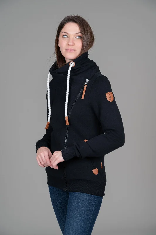 Hestia Black Full-Zip Sweatshirt Hoodie with Applique Textured Unique