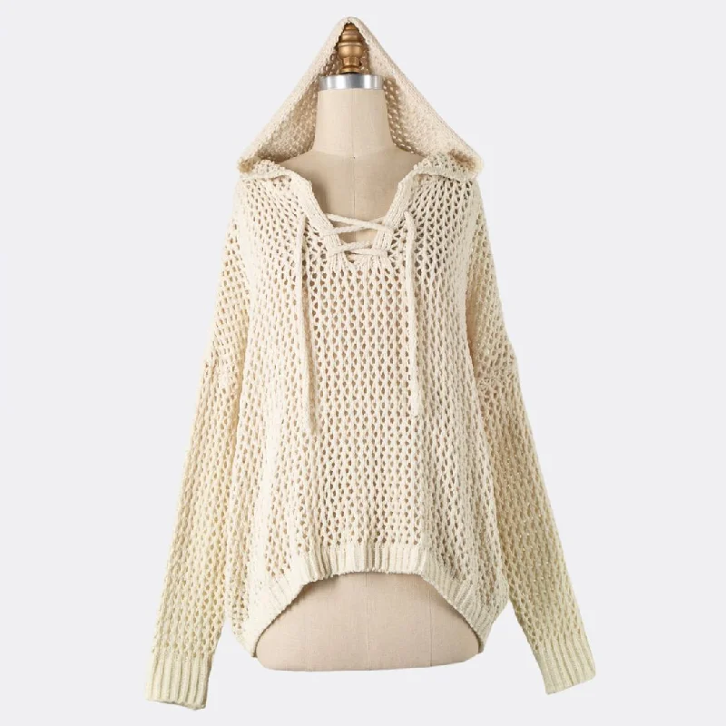 Lace Up Open Cable Knit Chenille Hoodie Sweater (Beige) Hoodie with Distressed Vintage Worn Lace Up Open Cable Knit Chenille Hoodie Sweater (Beige) Hoodie with Distressed Vintage Worn
