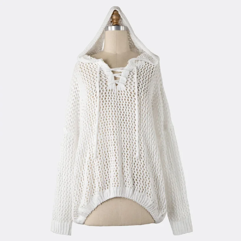 Lace Up Open Cable Knit Chenille Hoodie Sweater (White) Hoodie with Monochrome Minimalist Simple Lace Up Open Cable Knit Chenille Hoodie Sweater (White) Hoodie with Monochrome Minimalist Simple