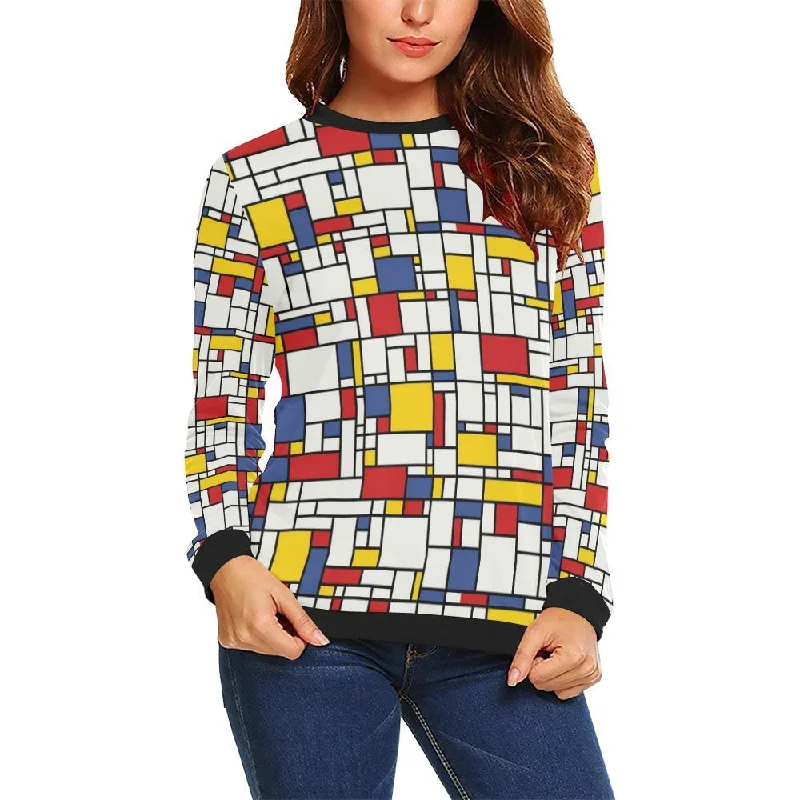 Mondrian Pattern Print Women Crewneck Sweatshirt Hoodie with Set-In Sleeves Structured Classic Mondrian Pattern Print Women Crewneck Sweatshirt Hoodie with Set-In Sleeves Structured Classic