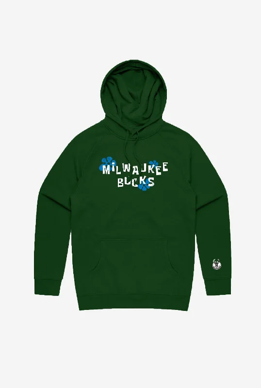 NBA x Spongebob Milwaukee Bucks Hoodie - Forest Green Hoodie with Hem Raw Edge Edgy Unfinished NBA x Spongebob Milwaukee Bucks Hoodie - Forest Green Hoodie with Hem Raw Edge Edgy Unfinished
