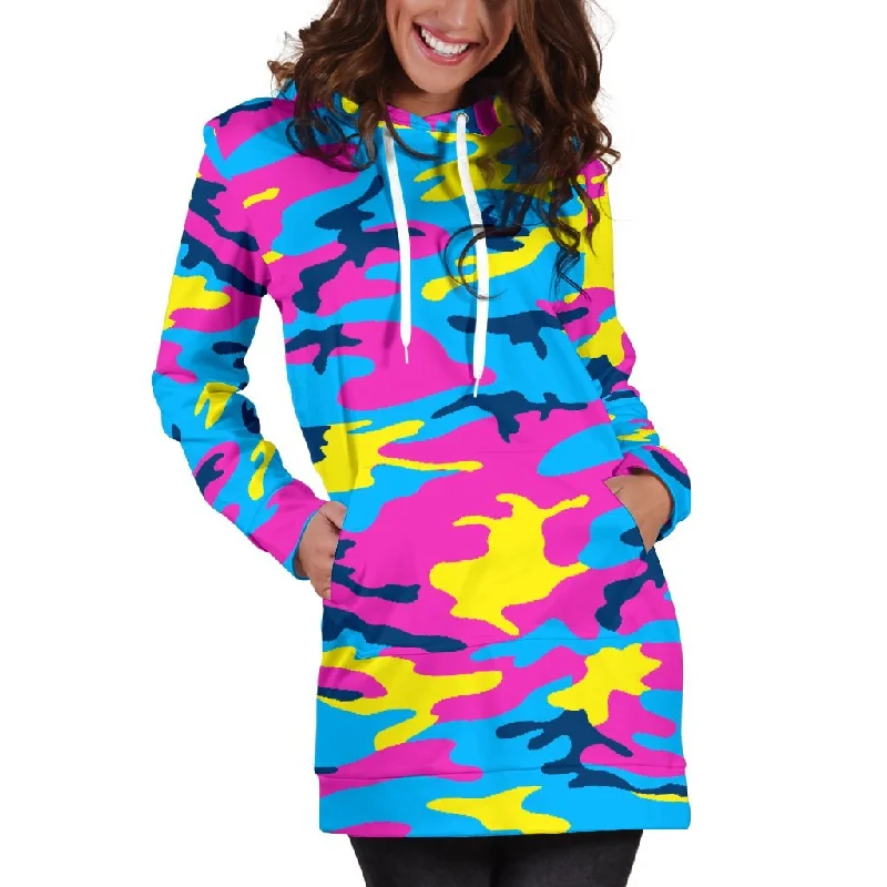 Neon Camouflage Print Pullover Hoodie Dress Hoodie with Rhinestones Sparkly Elegant
