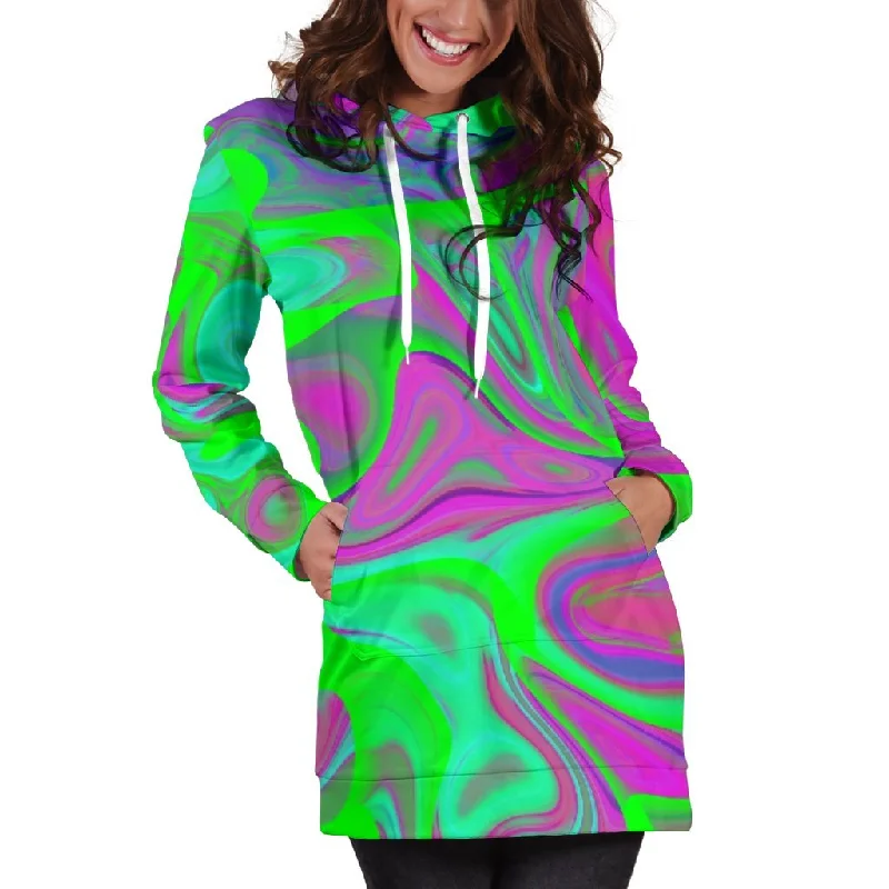 Neon Green Pink Psychedelic Trippy Print Pullover Hoodie Dress Hoodie with Tied Waist Feminine Flattering Neon Green Pink Psychedelic Trippy Print Pullover Hoodie Dress Hoodie with Tied Waist Feminine Flattering