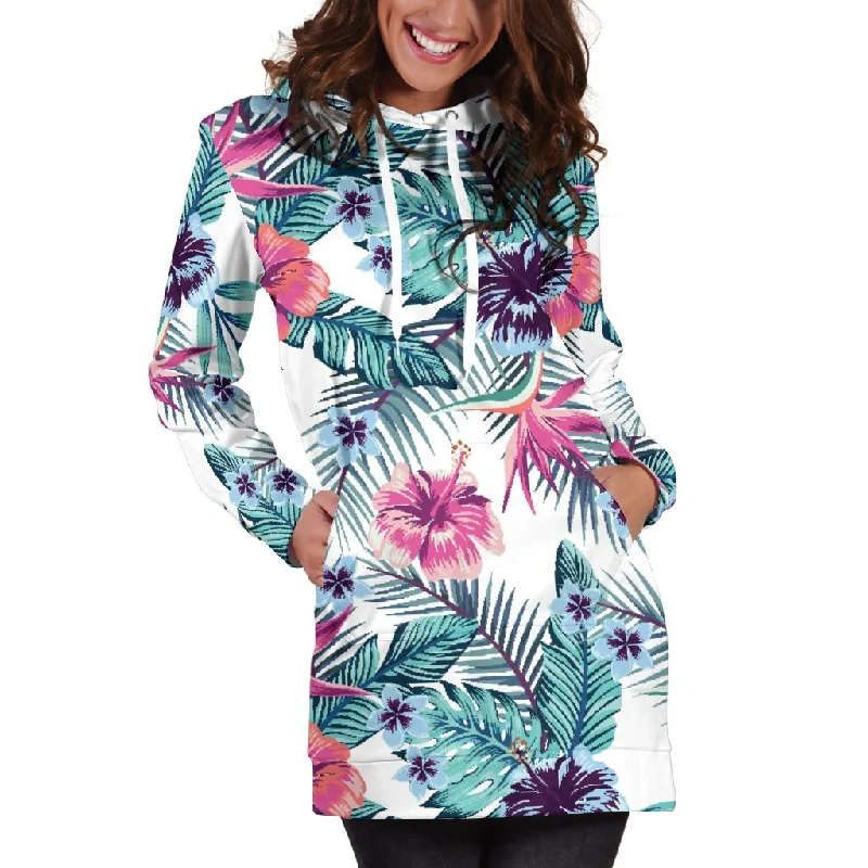 Neon Hibiscus Tropical Pattern Print Pullover Hoodie Dress Hoodie with Set-In Sleeves Structured Classic Neon Hibiscus Tropical Pattern Print Pullover Hoodie Dress Hoodie with Set-In Sleeves Structured Classic