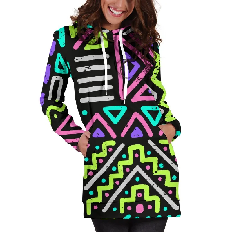 Neon Native Aztec Pattern Print Pullover Hoodie Dress Hoodie with Neon Bright Vibrant Neon Native Aztec Pattern Print Pullover Hoodie Dress Hoodie with Neon Bright Vibrant