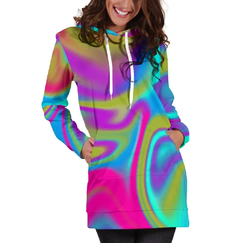 Neon Psychedelic Trippy Print Pullover Hoodie Dress Hoodie with Pocket Utility Practical
