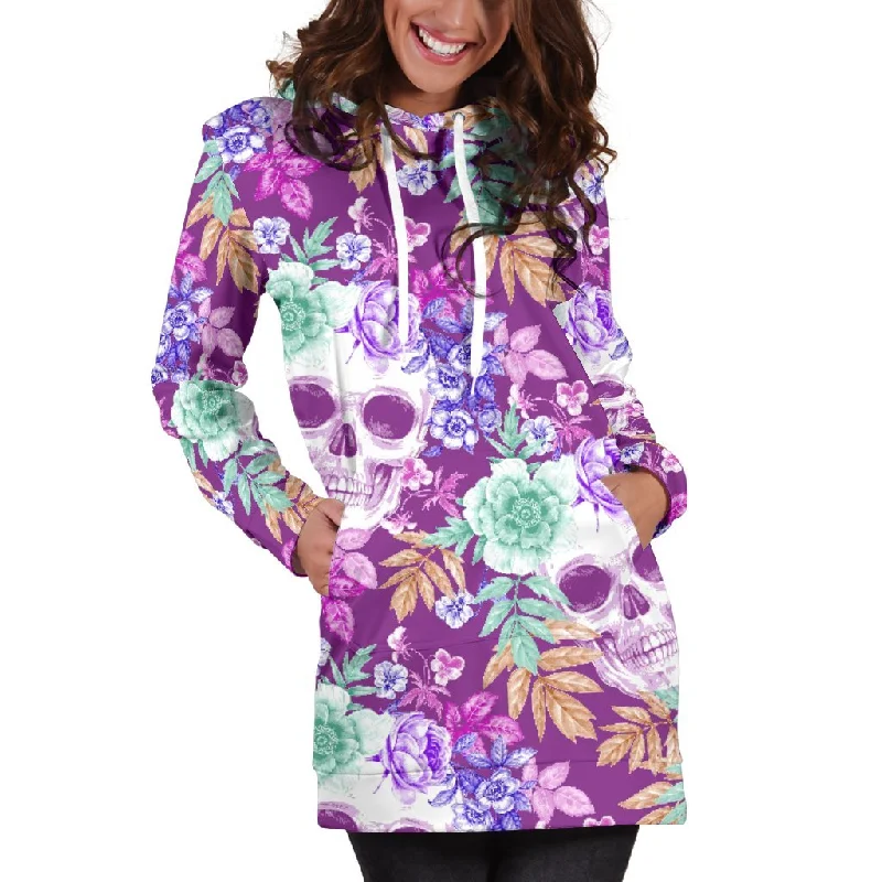 Neon Skull Floral Pattern Print Pullover Hoodie Dress Hoodie with Hem Fringe Bohemian Relaxed Neon Skull Floral Pattern Print Pullover Hoodie Dress Hoodie with Hem Fringe Bohemian Relaxed