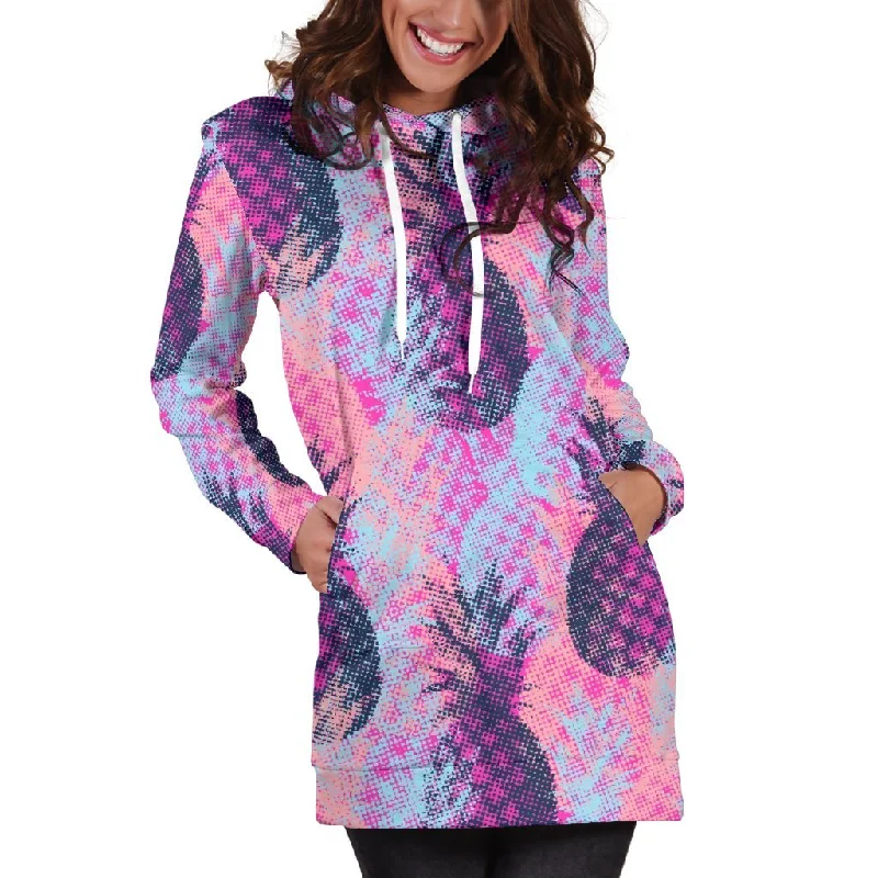 Neon Trippy Pineapple Pattern Print Pullover Hoodie Dress Hoodie with Elastic Waist Stretchable Comfortable Neon Trippy Pineapple Pattern Print Pullover Hoodie Dress Hoodie with Elastic Waist Stretchable Comfortable