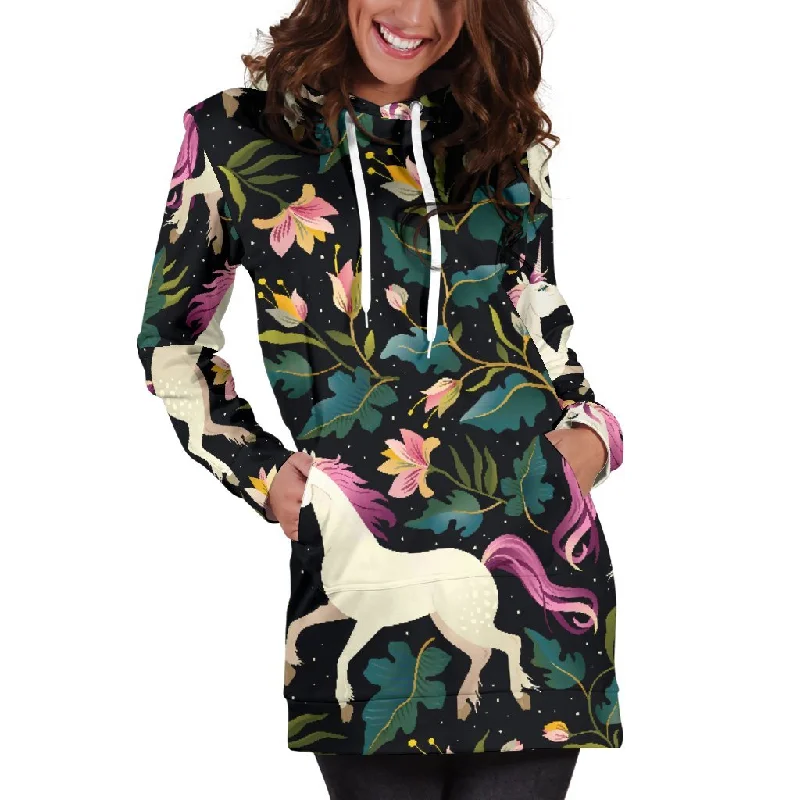 Night Floral Unicorn Pattern Print Pullover Hoodie Dress Hoodie with Contrast Stitching Detailed Premium Night Floral Unicorn Pattern Print Pullover Hoodie Dress Hoodie with Contrast Stitching Detailed Premium