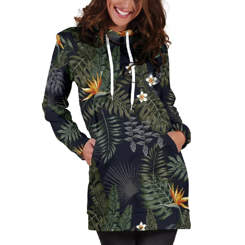 Night Tropical Hawaii Pattern Print Pullover Hoodie Dress Hoodie with Hem Elastic Stretchable Comfortable