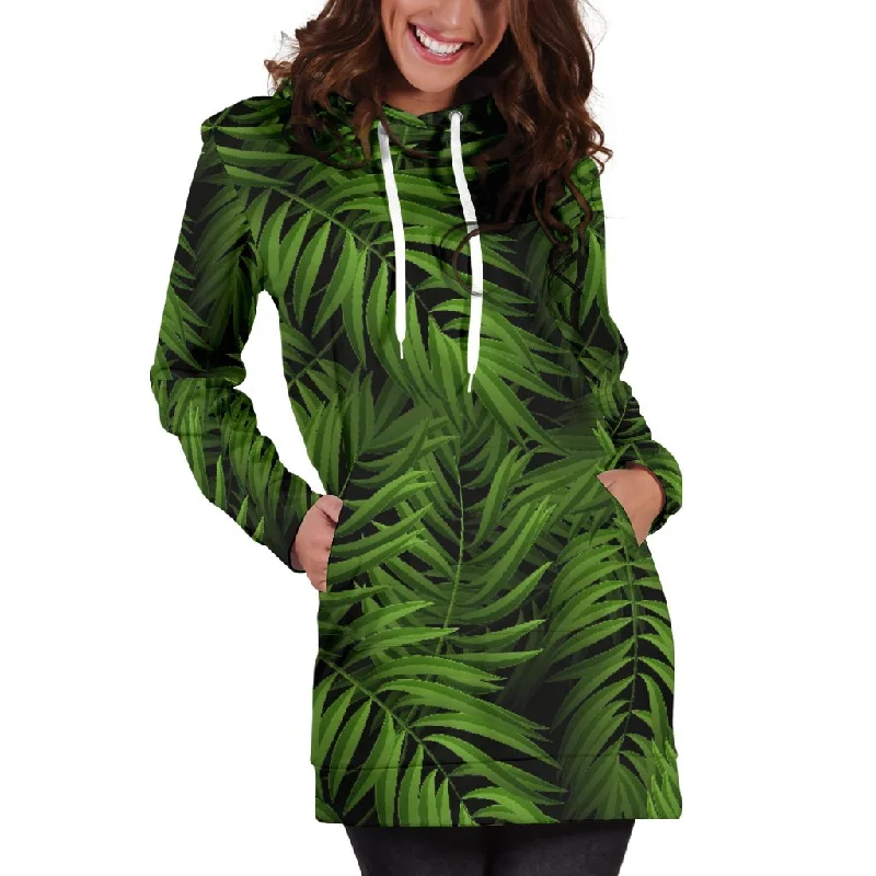Night Tropical Palm Leaf Pattern Print Pullover Hoodie Dress Hoodie with Double Zipper Versatile Adjustable Night Tropical Palm Leaf Pattern Print Pullover Hoodie Dress Hoodie with Double Zipper Versatile Adjustable
