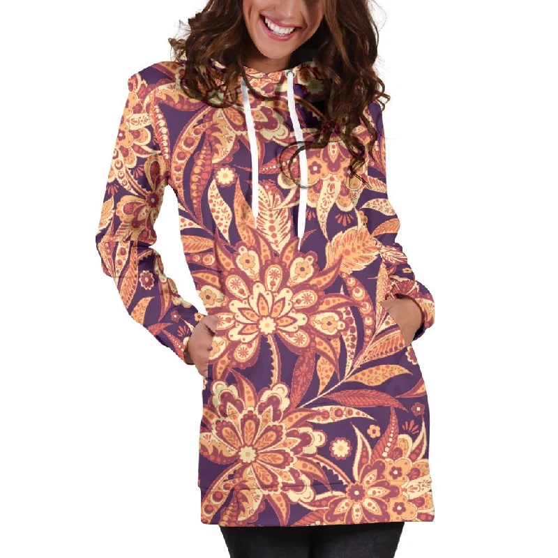 Orange Bohemian Floral Pattern Print Pullover Hoodie Dress Hoodie with Half-Zip Sporty Casual