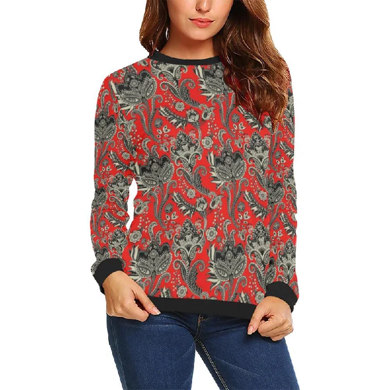Red Paisley Pattern Print Women Crewneck Sweatshirt Hoodie with V-Neck Classic Versatile Red Paisley Pattern Print Women Crewneck Sweatshirt Hoodie with V-Neck Classic Versatile