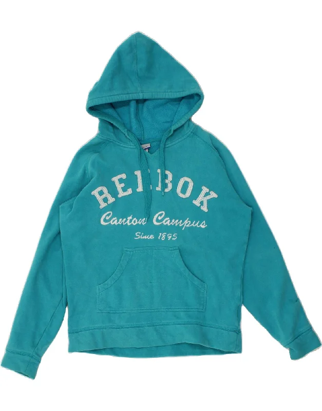 REEBOK Womens Graphic Hoodie Jumper UK 14 Large Blue Cotton Hoodie with High Neck Warm Protective REEBOK Womens Graphic Hoodie Jumper UK 14 Large Blue Cotton Hoodie with High Neck Warm Protective