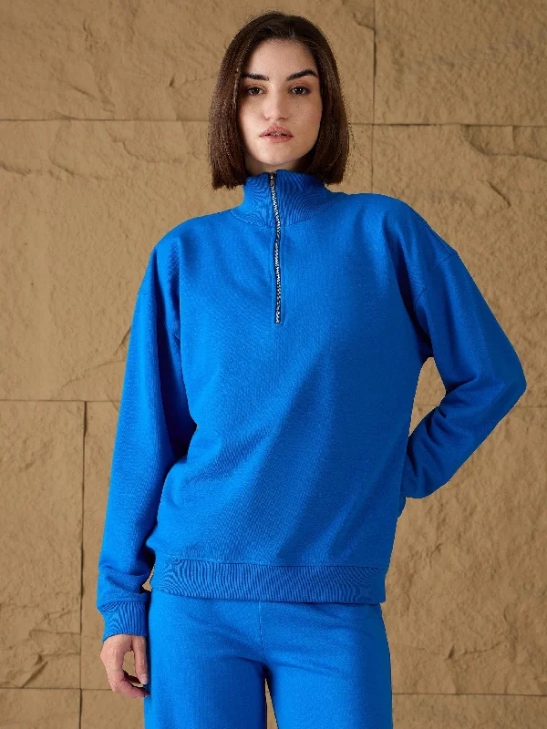 Women Royal Blue High-Neck Sweatshirt Hoodie with Side Slits Relaxed Casual