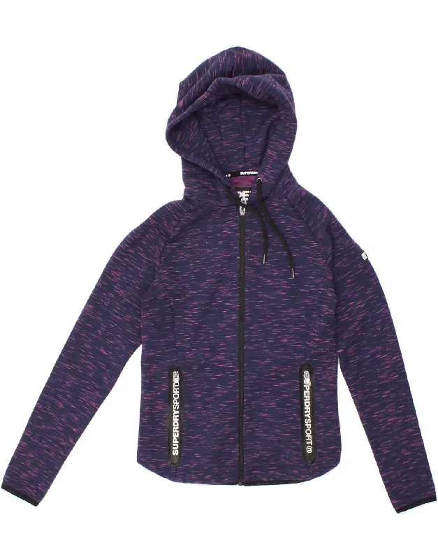 SUPERDRY Womens Zip Hoodie Sweater UK 10 Small Purple Striped Polyester Hoodie with Bell Sleeves Flared Feminine SUPERDRY Womens Zip Hoodie Sweater UK 10 Small Purple Striped Polyester Hoodie with Bell Sleeves Flared Feminine