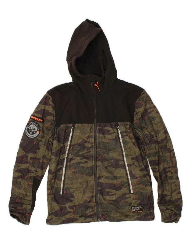 SUPERDRY Womens Zip Hoodie Sweater UK 16 Large Khaki Camouflage Polyester Hoodie with Lace Feminine Delicate