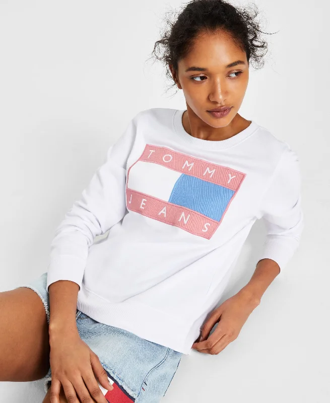 Tommy Jeans Womens Color Flag Logo Sweatshirt Hoodie with Puffed Sleeves Voluminous Trendy Tommy Jeans Womens Color Flag Logo Sweatshirt Hoodie with Puffed Sleeves Voluminous Trendy