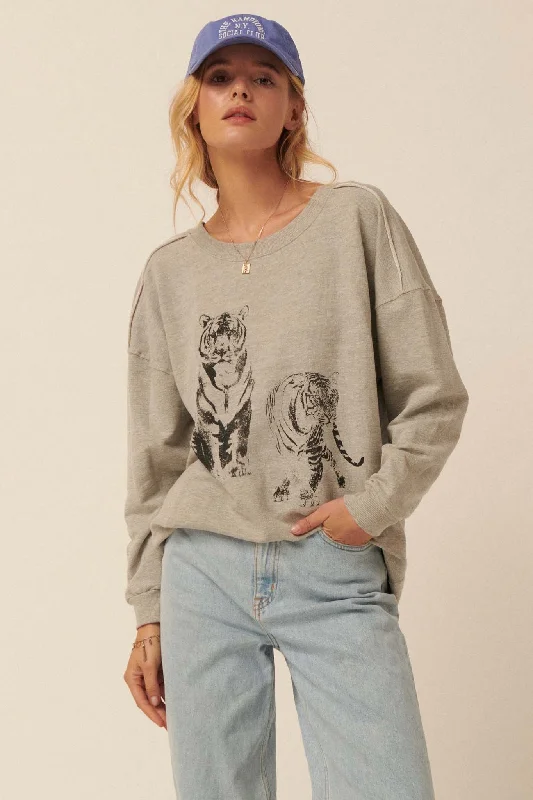 Twin Tigers Vintage-Print Graphic Sweatshirt Hoodie with Hem Detail Decorative Unique Twin Tigers Vintage-Print Graphic Sweatshirt Hoodie with Hem Detail Decorative Unique