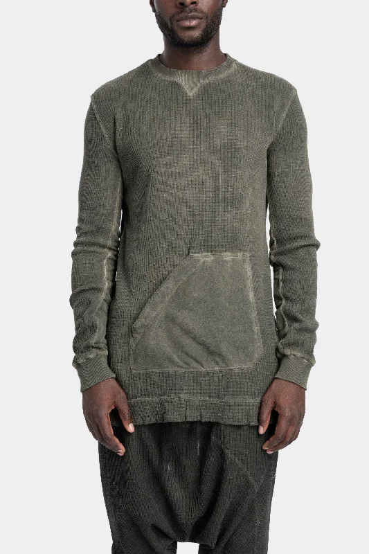 Waffle cotton long sweatshirt, Green Hoodie with Belted Waist Structured Tailored