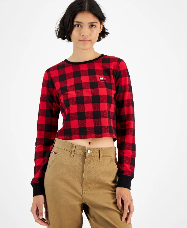 Women's Buffalo-Plaid French-Terry Sweatshirt Hoodie with Neon Bright Vibrant