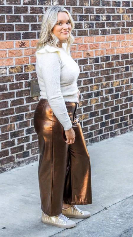 Dear John Audrey High Rise Wide Clean Hem Cropped Pants Rust Copper Foil Trendy Wide-Leg Pants