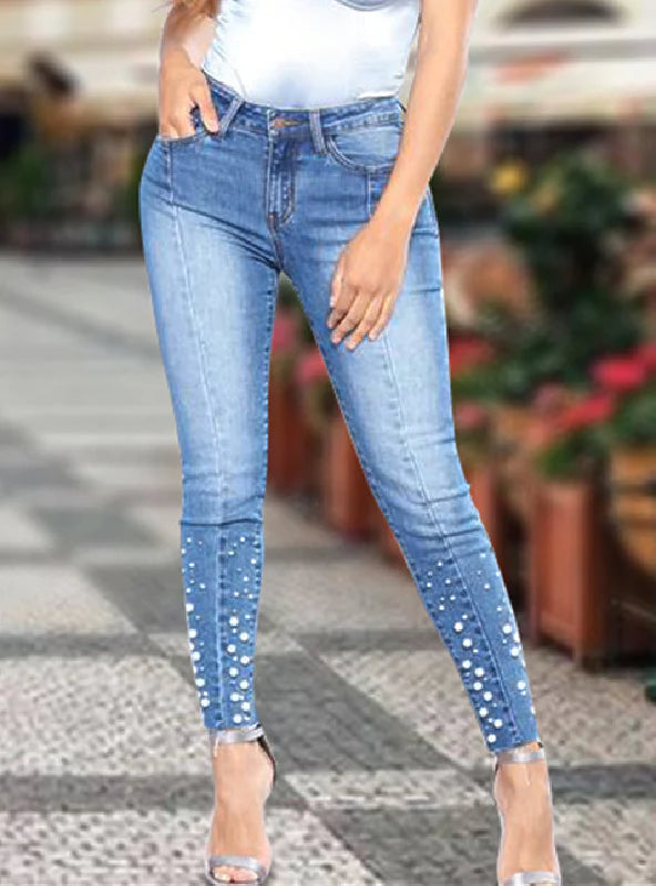 PEARL PENCIL PANTS DENIM ELASTIC FEET PANTS Trendy Printed Leggings