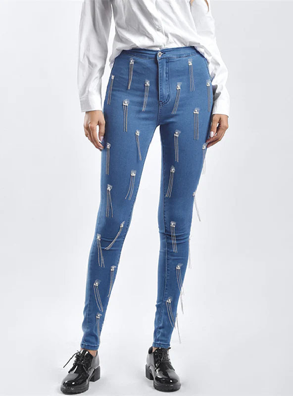 SLIM BEADED TASSEL STRETCH PANTS Fashionable Tapered Leg Pants