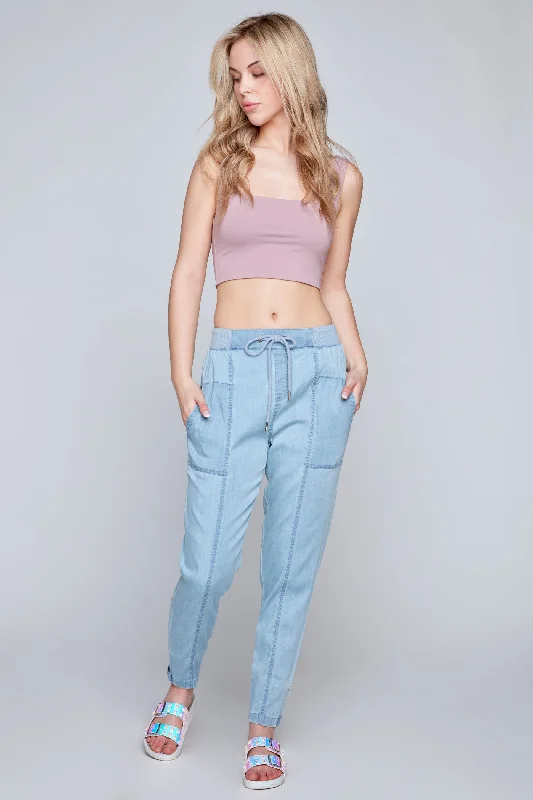 ANDIE - High Rise Lightweight Pull-On Pant - Light Blue Bleach Lyocell Denim Relaxed Linen Pants