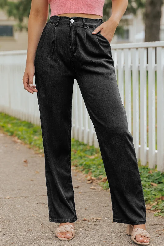 Black Tencel Wide Leg Soft Denim Pants Casual Track Pants