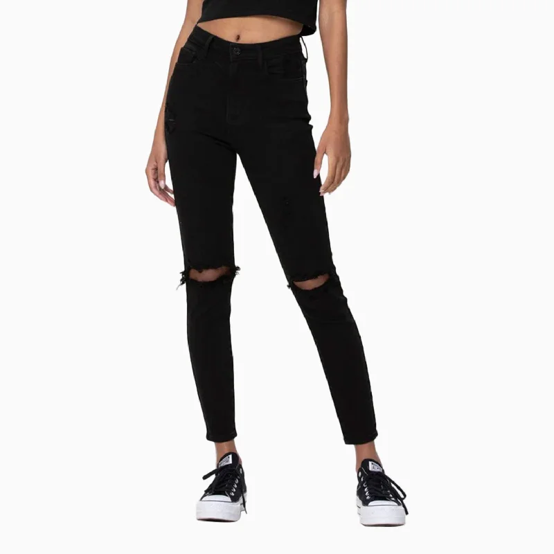 Women's High Rise Distress Ankle Skinny Pant Chic Wool Trousers