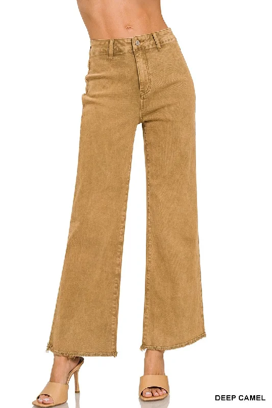 DEEP CAMEL WASHED FRAYED CUTOFF HEM STRAIGHT WIDE PANTS Classic Straight Pants