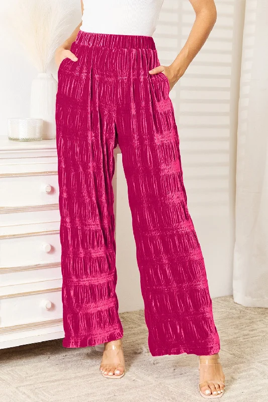 Double Take Full Size High Waist Tiered Shirring Velvet Wide Leg Pants Cozy Jogger Leggings