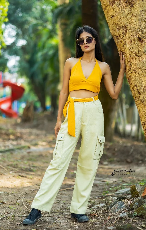 Fawn Colour Cotton Flap pocket Loose Bottom Pants Formal Wide-Leg Pants