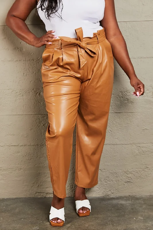 HEYSON® Faux Leather Paperbag Waist Pants Trendy Velvet Pants