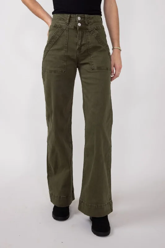 Mica Super High Waisted with Double Waistband Wide Leg Pants for Women in Fern Green | MDP-W3209FG Stylish Paperbag Waist Pants