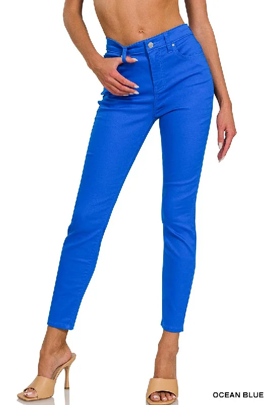 OCEAN BLUE HIGH-RISE SKINNY COLOR DENIM PANTS Slim-Fit Khaki Pants