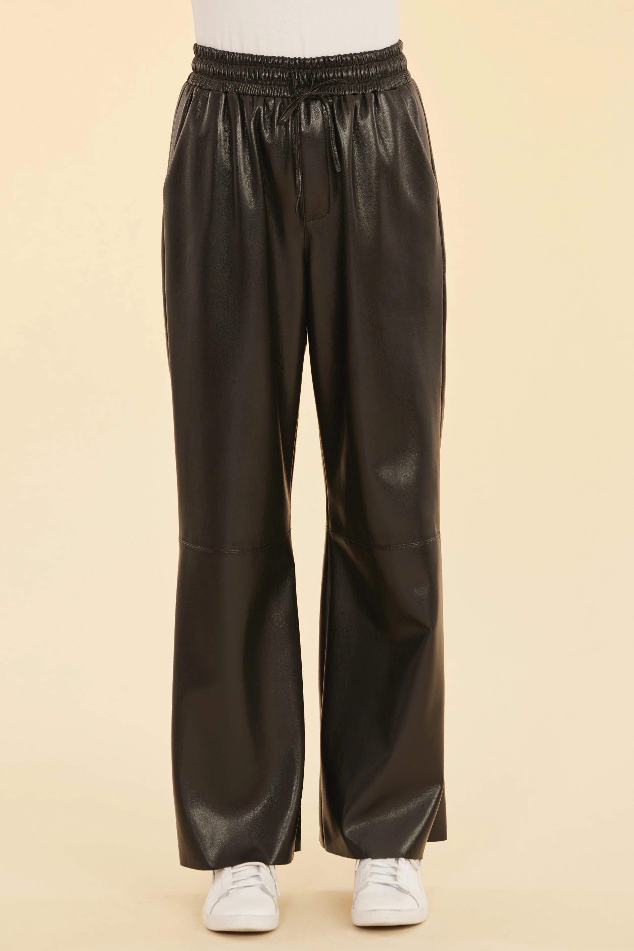 DOLCE CABO Faux Leather Wide Leg Drawstring Pants Relaxed Fit Trousers